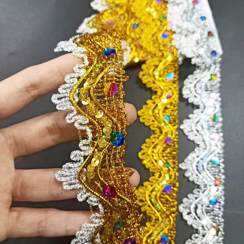 ஆடை பாகங்கள் தங்கம் மற்றும் வெள்ளி உலோக எல்லை சரிகை டிரிம் மல்டிகலர் சீக்வின் தங்க நூல் உலோக சரிகை டிரிம் டிரிம்
