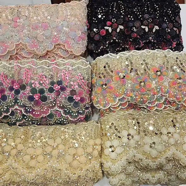 3டி மெஷ் பூக்கள் ரிப்பன் பீடட் டியூப் பார்கோடு எம்பிராய்டரி லேஸ் கொண்ட பல வண்ண எம்ப்ராய்டரி லேஸ்