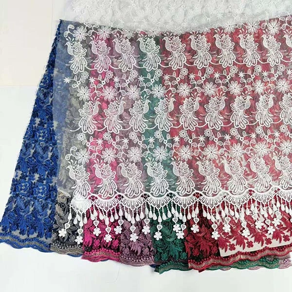 மொத்த விற்பனை அழகான 3D மலர் மணிகள் கொண்ட மலிவான டெக்ஸ்டைல் ​​எம்பிராய்டரி ஃபேப்ரிக் ஸ்விஸ் வோயில் லேஸ் டிரிம் 2021